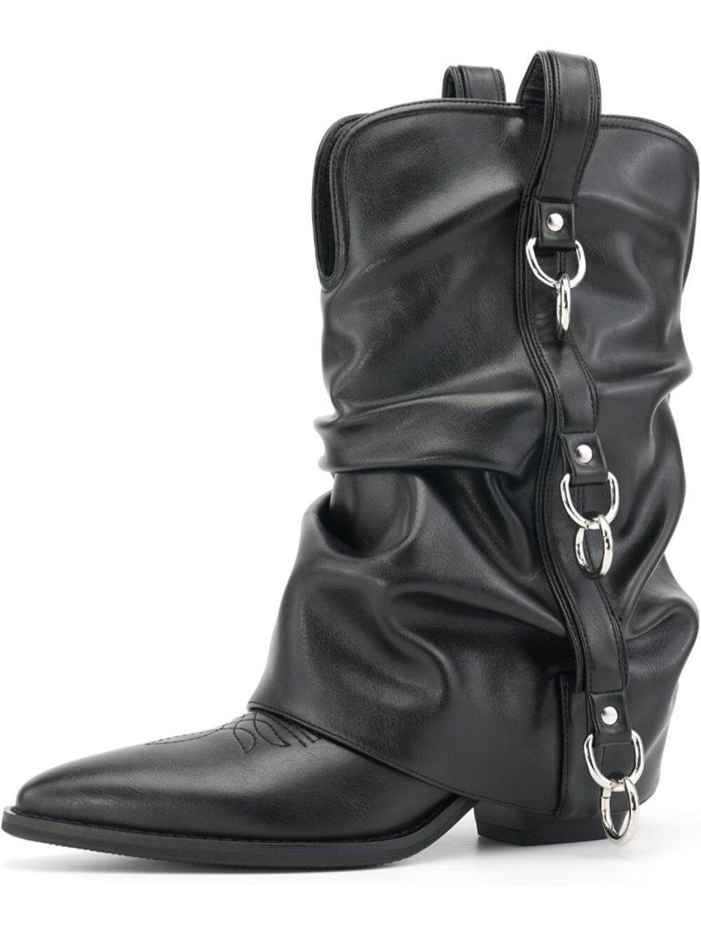 Women's Retro Black Faux Leather Pointed Toe Fashion Riding Casual Cowgirl Boots